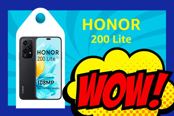 Honor 200 Lite in primo piano su sfondo colorato e con scritta wow