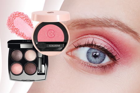 occhio azzurro con make-up ombretto rosa