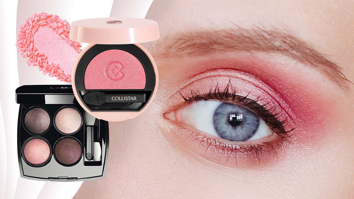 occhio azzurro con make-up ombretto rosa