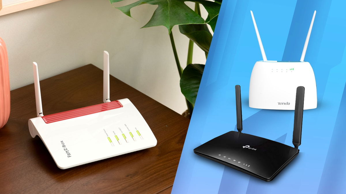 Foto di router wifi con sim sulla scrivania e due router con sim in primo piano