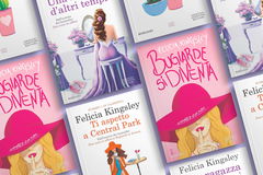 Copertine libri di Felicia Kingsley su sfondo lilla l