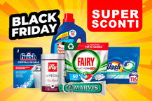 label black friday con dash pods e prodotti da supermercato in super sconto  su sfondo giallo