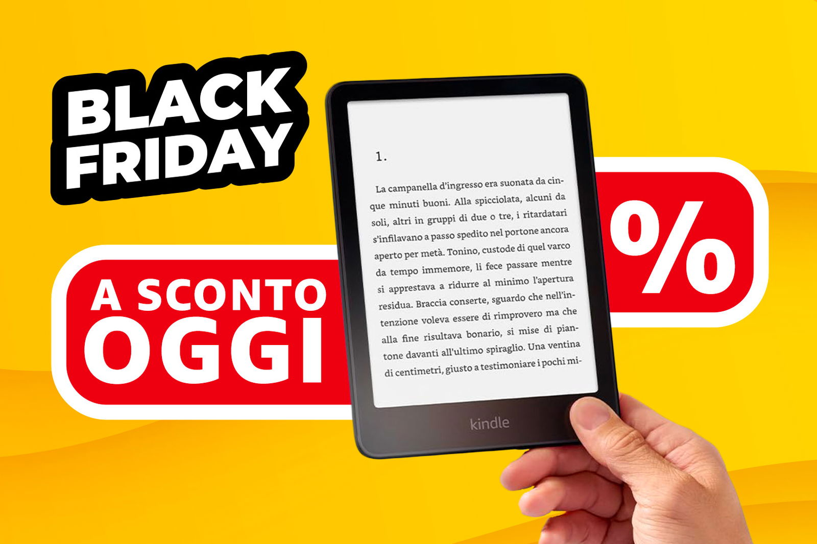 uomo che tiene in mano kindle a sconto per il black friday