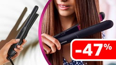 donna che usa piastra per capelli e label rossa con sconto