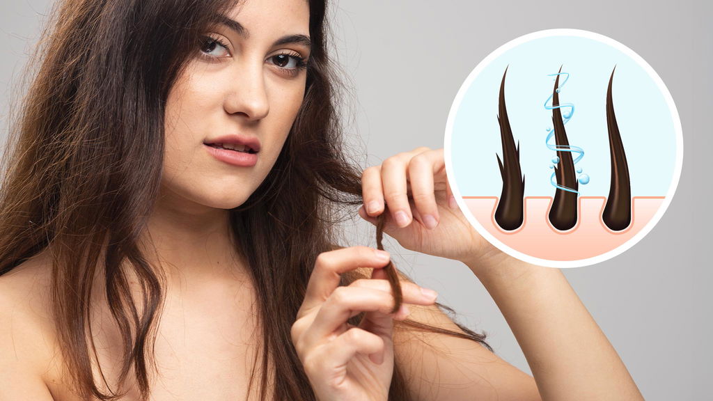 donna con capelli fragili che si spezzano e illustrazione capello sfibrato