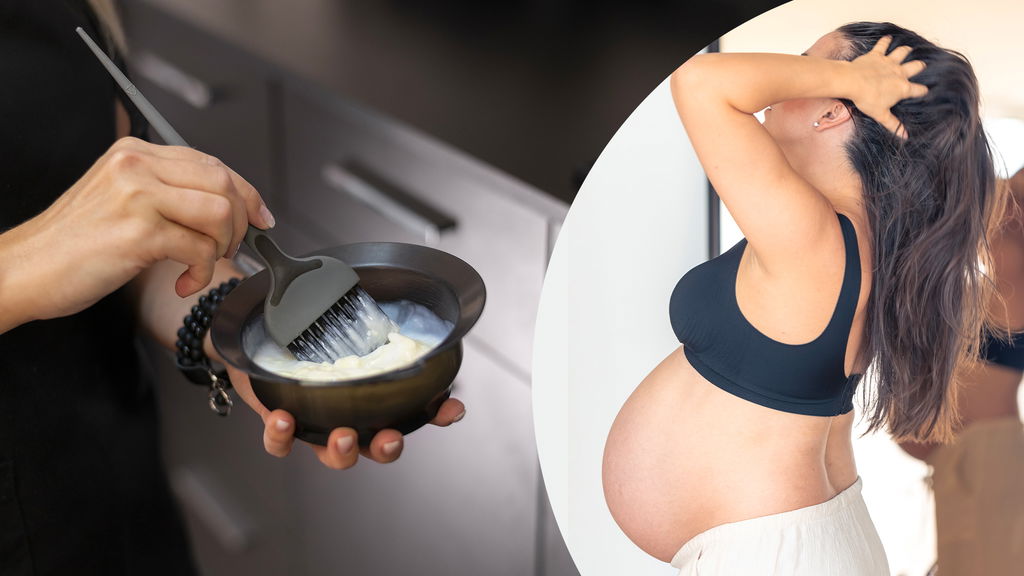 tintura per capelli e donna in gravidanza che si tocca i capelli 