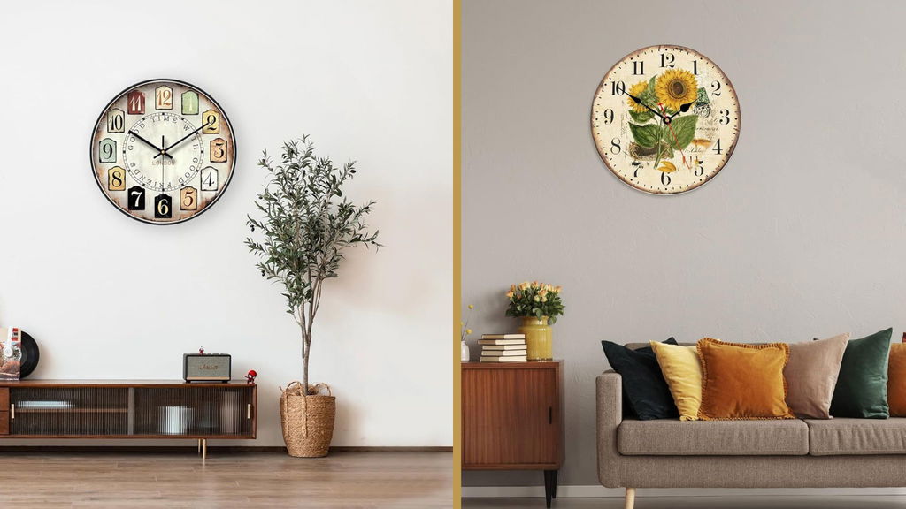 due orologi da parete in stile vintage appesi in salotto