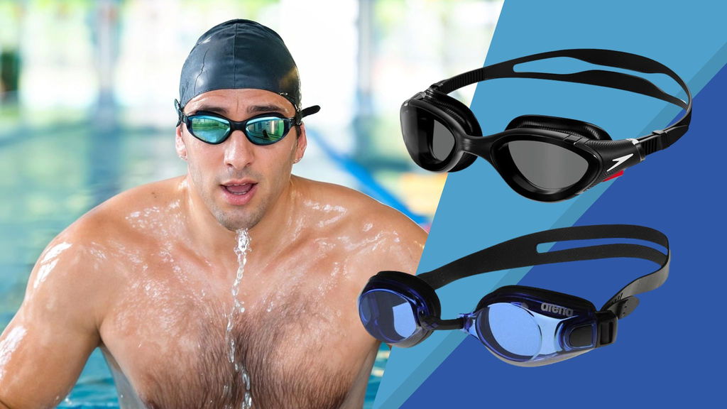 uomo con occhialini da piscina antiappannamento