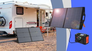 Foto di pannelli solari portatili accanto un camper e foto in primo piano
