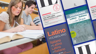 Copertine dei vocabolari di latino e ragazzi che studiano