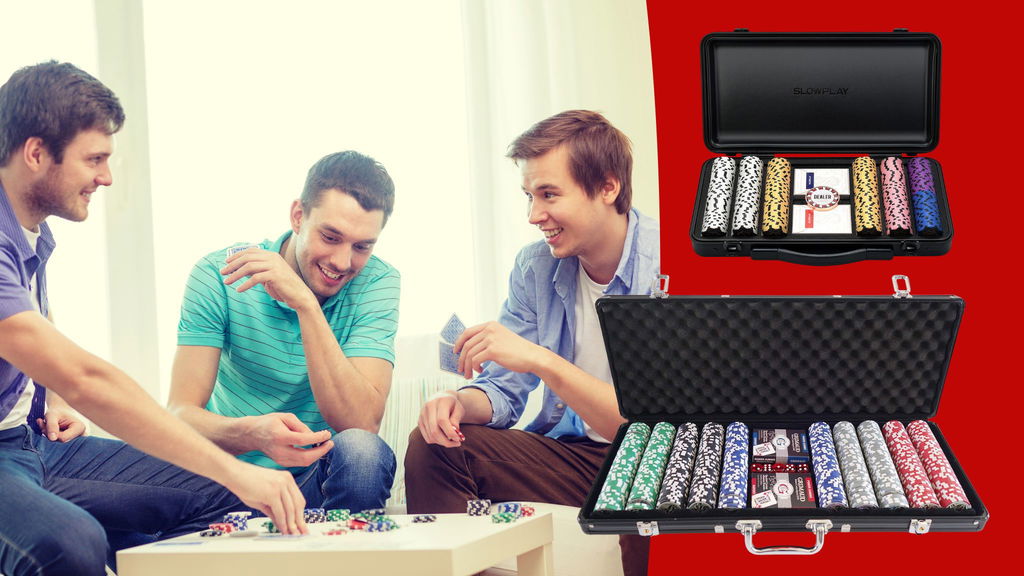 Amici che giocano a poker e set poker in primo piano