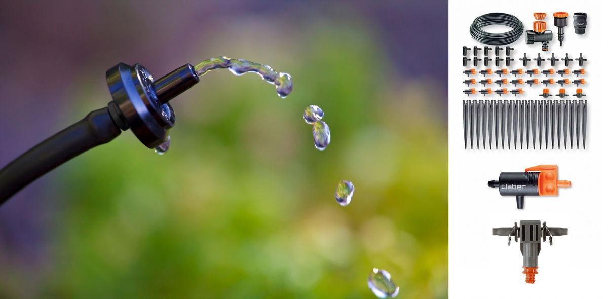 Piante verdi e felici con un sistema di irrigazione a goccia