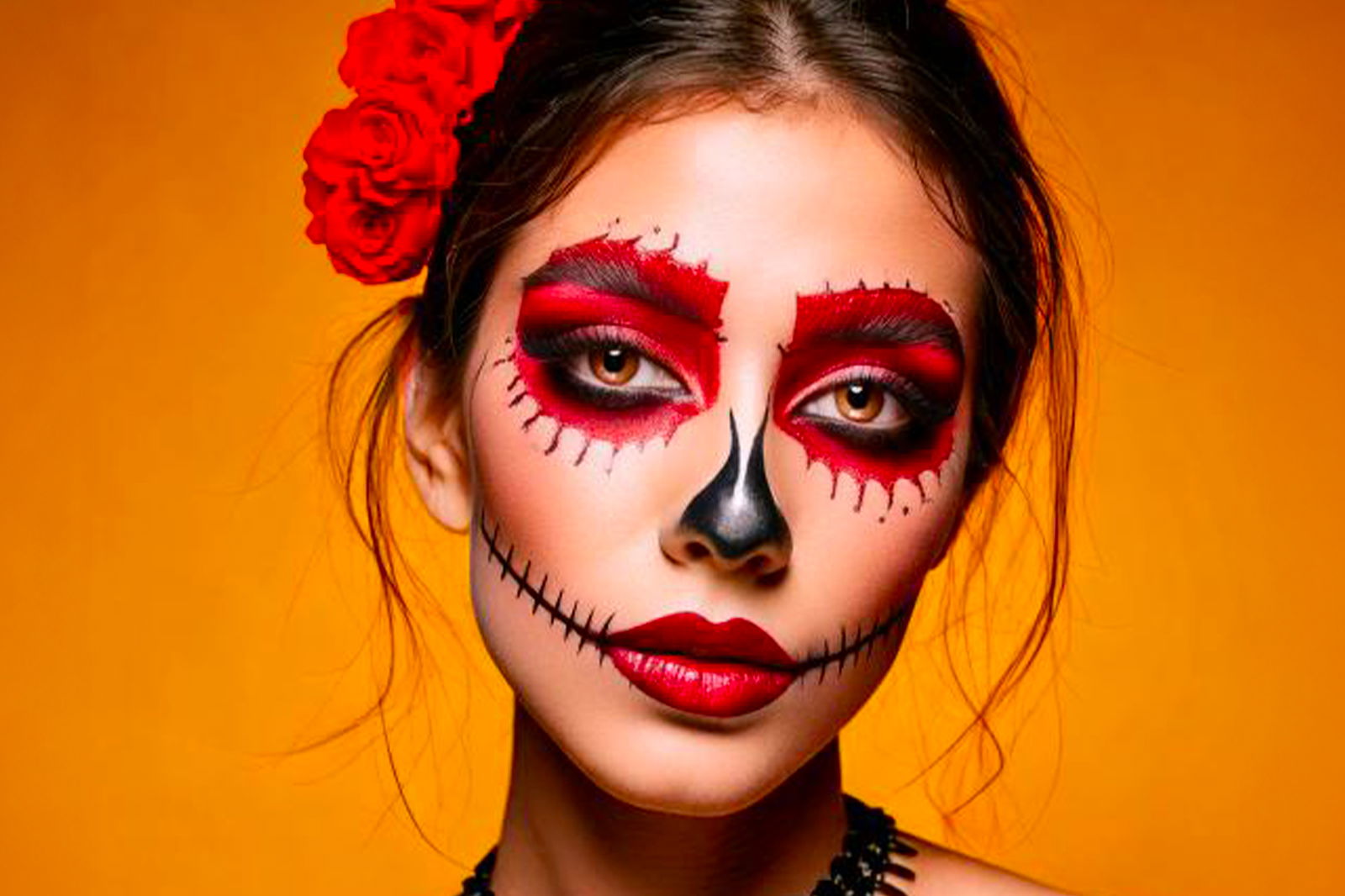 Donna con makeup Halloween da teschio messicano 