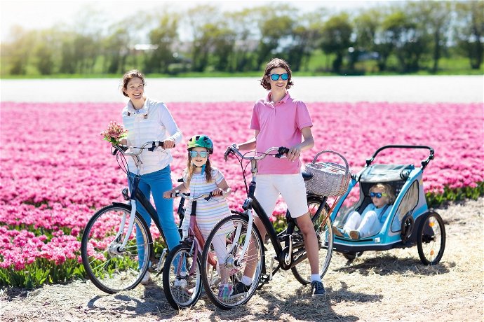 famiglia in bicicletta con rimorchio per bamnbini