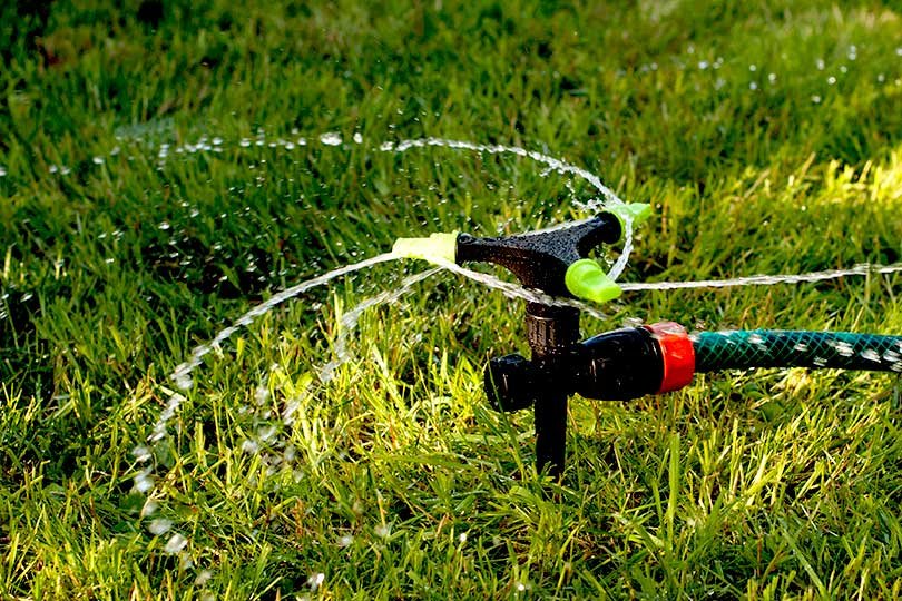 irrigatore automatico a 3 getti su prato verde
